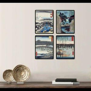 Japanese Japan Bridges Hiroshige Woodcut Wall Art Decor Set of 4 Print